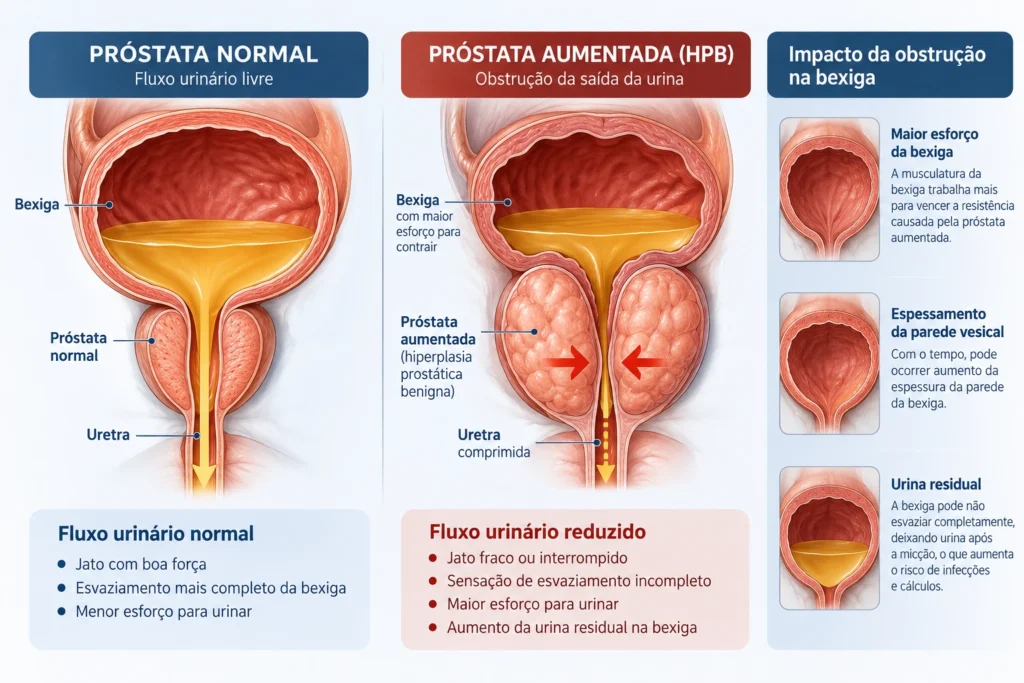 Ilustração comparando próstata normal e próstata aumentada pela HPB, mostrando compressão da uretra, redução do fluxo urinário e possíveis alterações na bexiga.