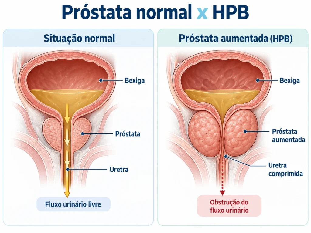 Ilustração anatômica comparando próstata normal, com uretra livre, e próstata aumentada pela HPB, comprimindo a uretra e dificultando o fluxo urinário.